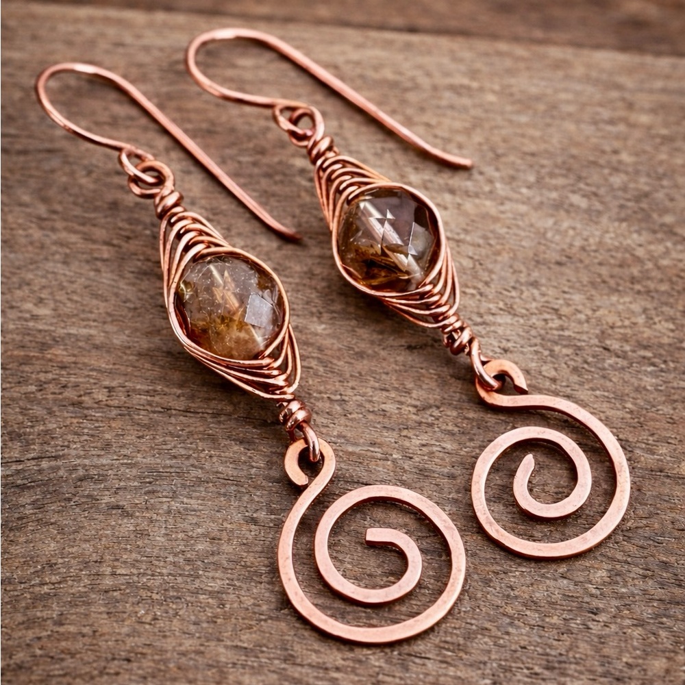 Magical faceted, citrine wire wrapped statement earrings in solid copper